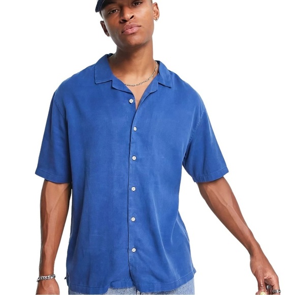 Bershka Revere Collar Shirt Men Sz XL Blue Short Sleeve Soft Button Up Shirt NWT - Picture 1 of 16